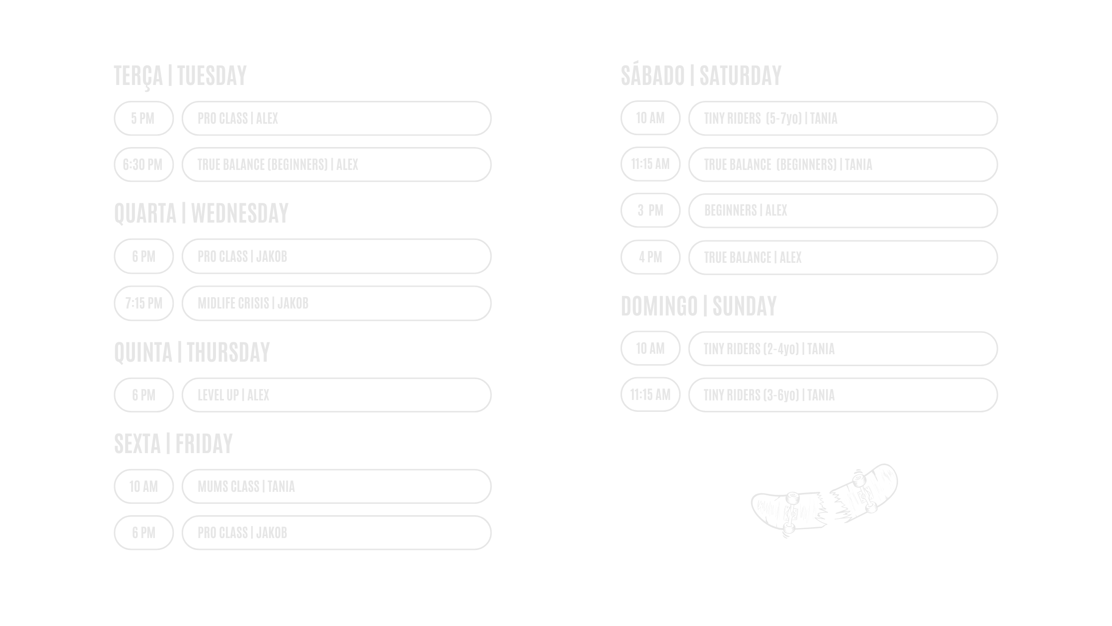 Boa Sombra class schedule detailed weekly schedule